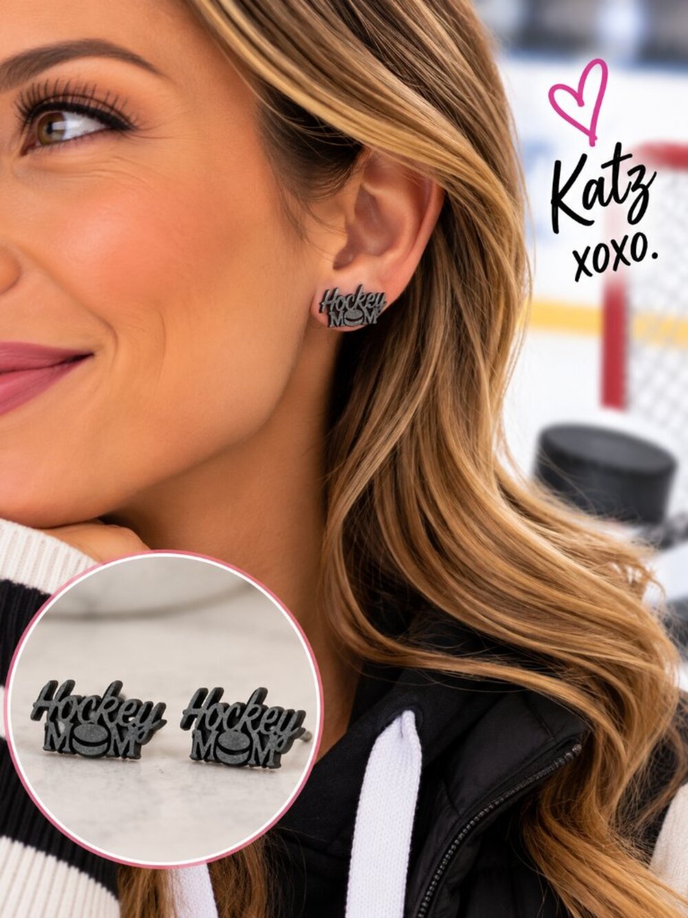 Black Hockey Mom Stud Earrings Stainless Steel Sports Mom Rink Game Day Gift